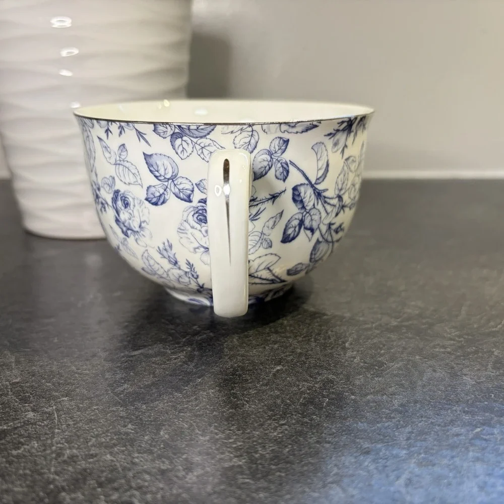 Grace Teaware Blue Rose Toile Fine Porcelain Oversized 16oz Tea Cup & Saucer EUC